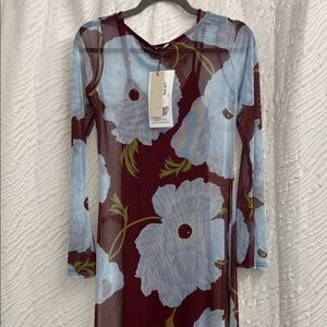 Never Fully Dressed Burgundy and Blue Floral Long Sleeve Dress